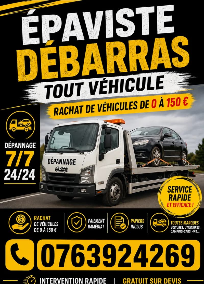 Flyer épaviste débarras tout véhicule — rachat de véhicules de 0 à 150 €, dépannage 7j/7 24h/24, téléphone 07 63 92 42 69